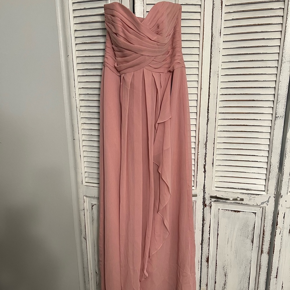 David’s Bridal strapless blush bridesmaid dress